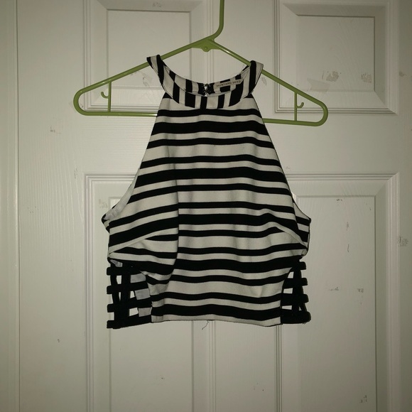 Black & White Stripe Crop Top with Cage Detail - Picture 1 of 3